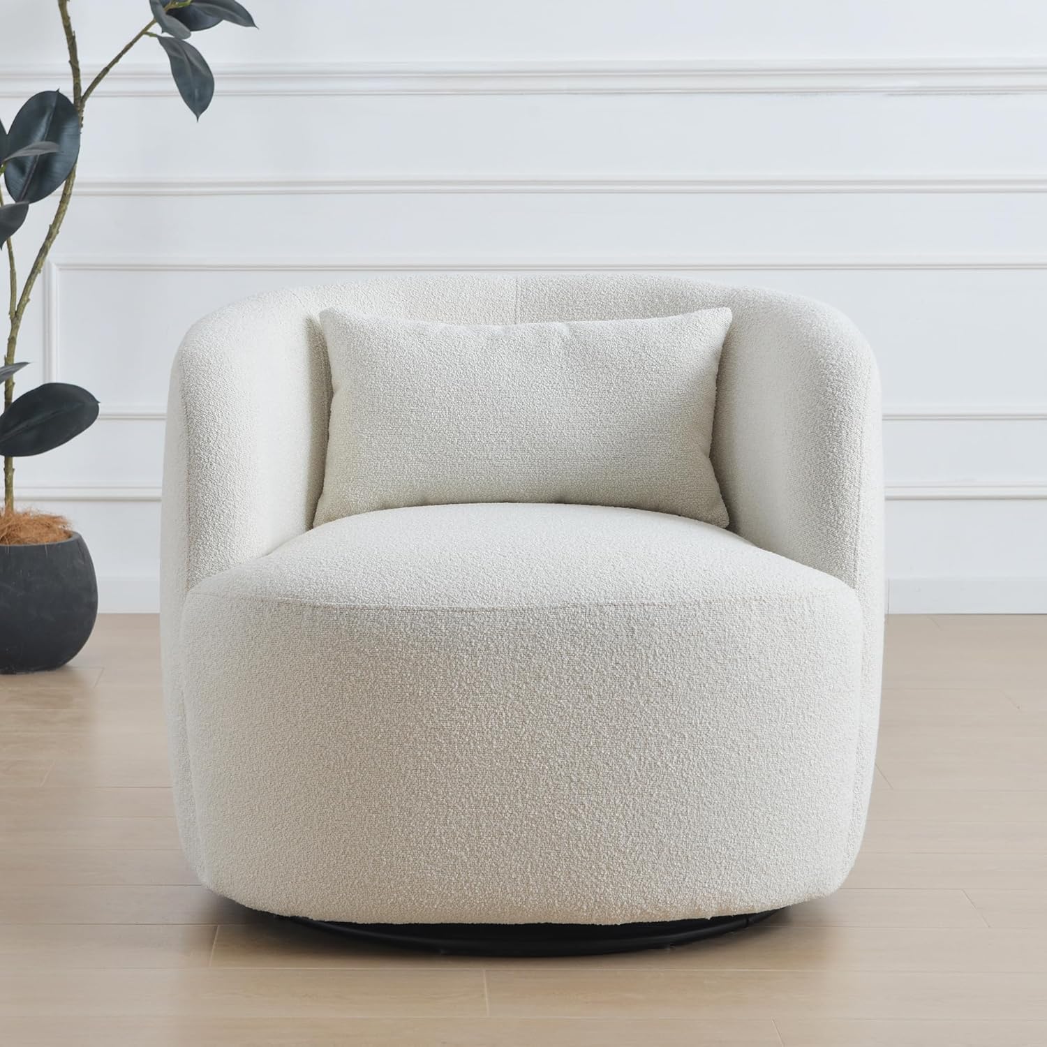 KINWELL 34" Wide Sherpa Swivel Barrel Chair, No Assembly Round Boucle Upholstered Accent Chair