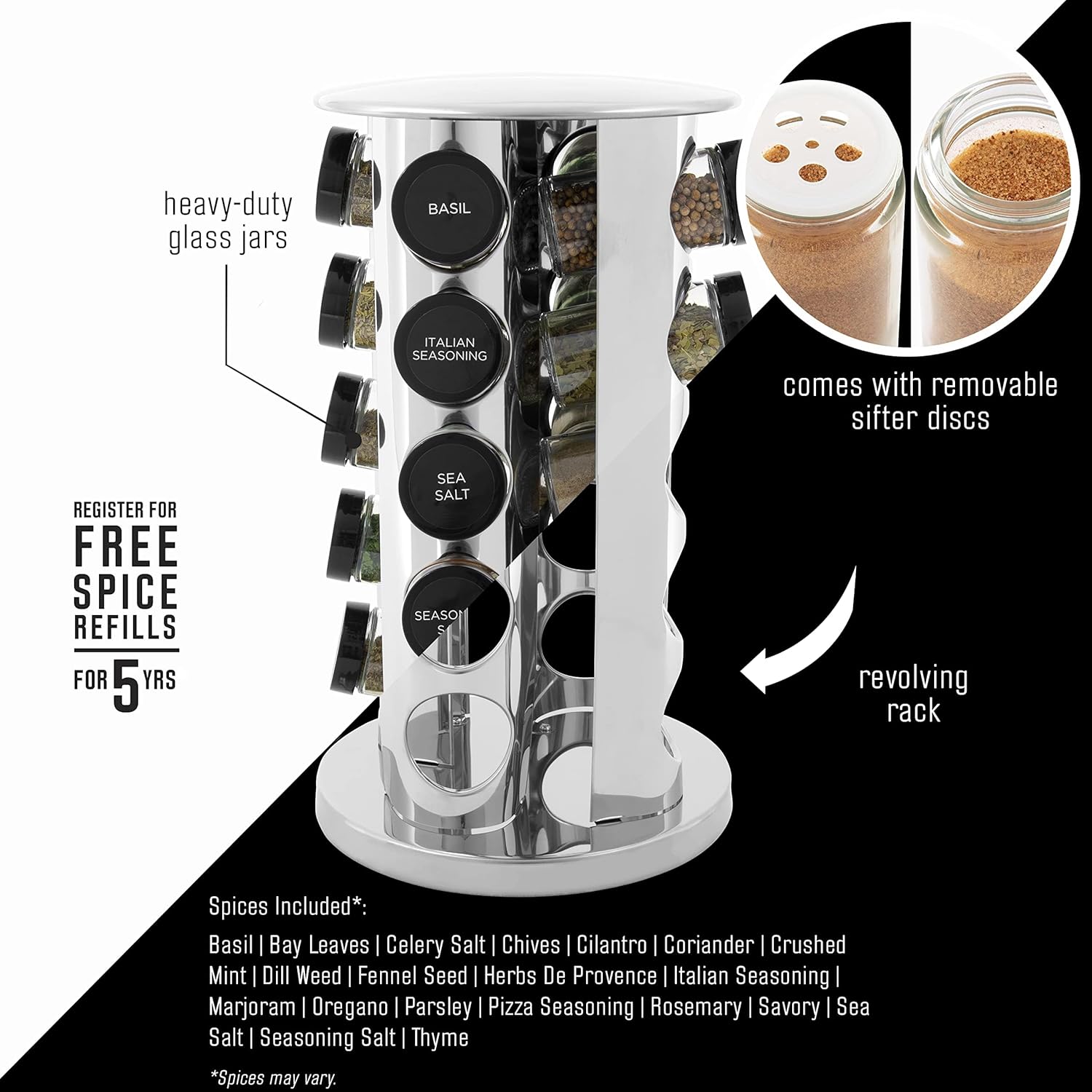 Kamenstein 20 Jar Revolving Countertop Spice Rack with Spices Included, FREE Spice Refills for 5
