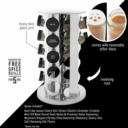 Kamenstein 20 Jar Revolving Countertop Spice Rack with Spices Included, FREE Spice Refills for 5