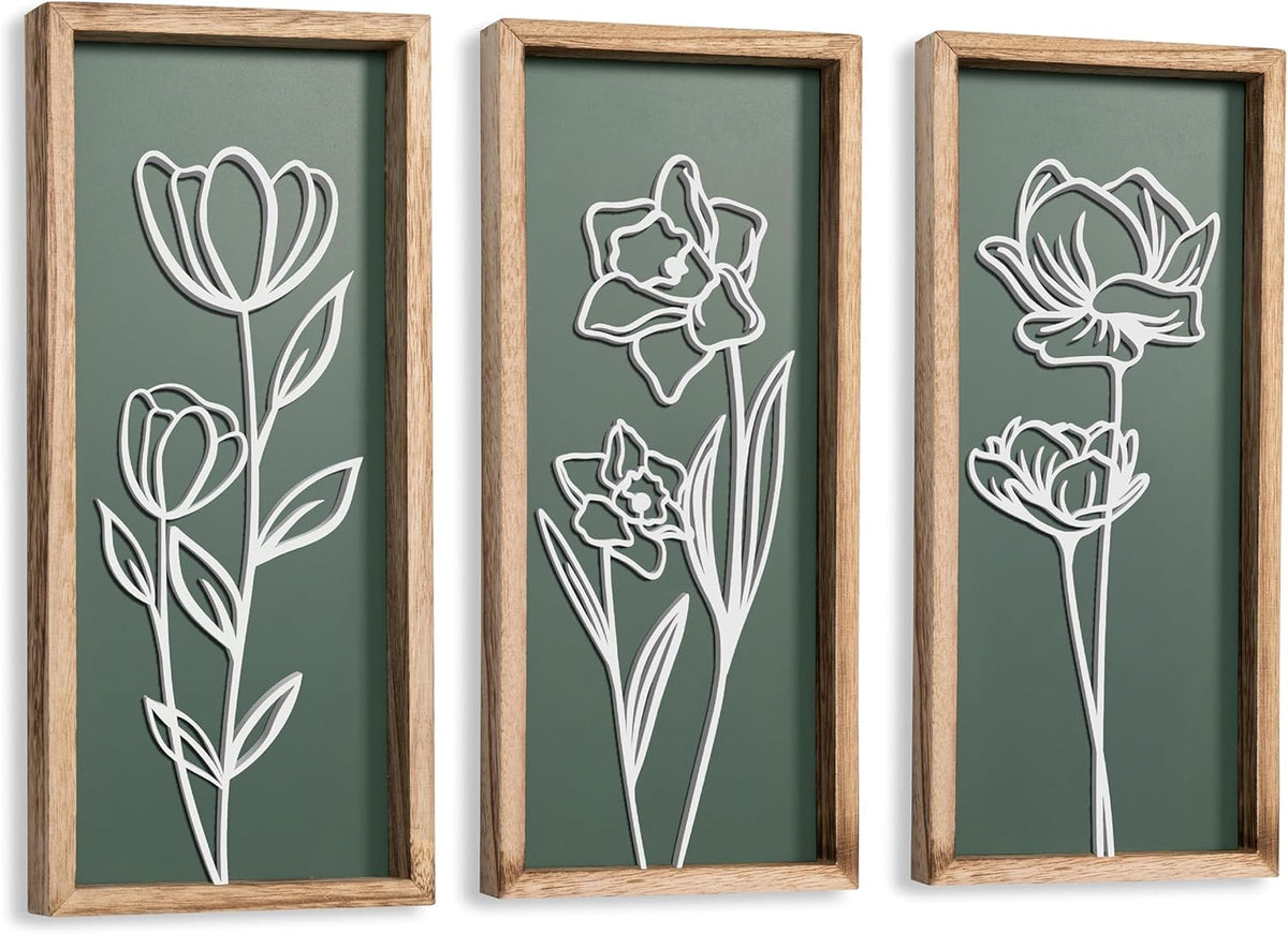 3D Floral Green Wall Art (Set of 3) Lightweight, Wooden Ready-to-Hang Boho Framed Wall Art for