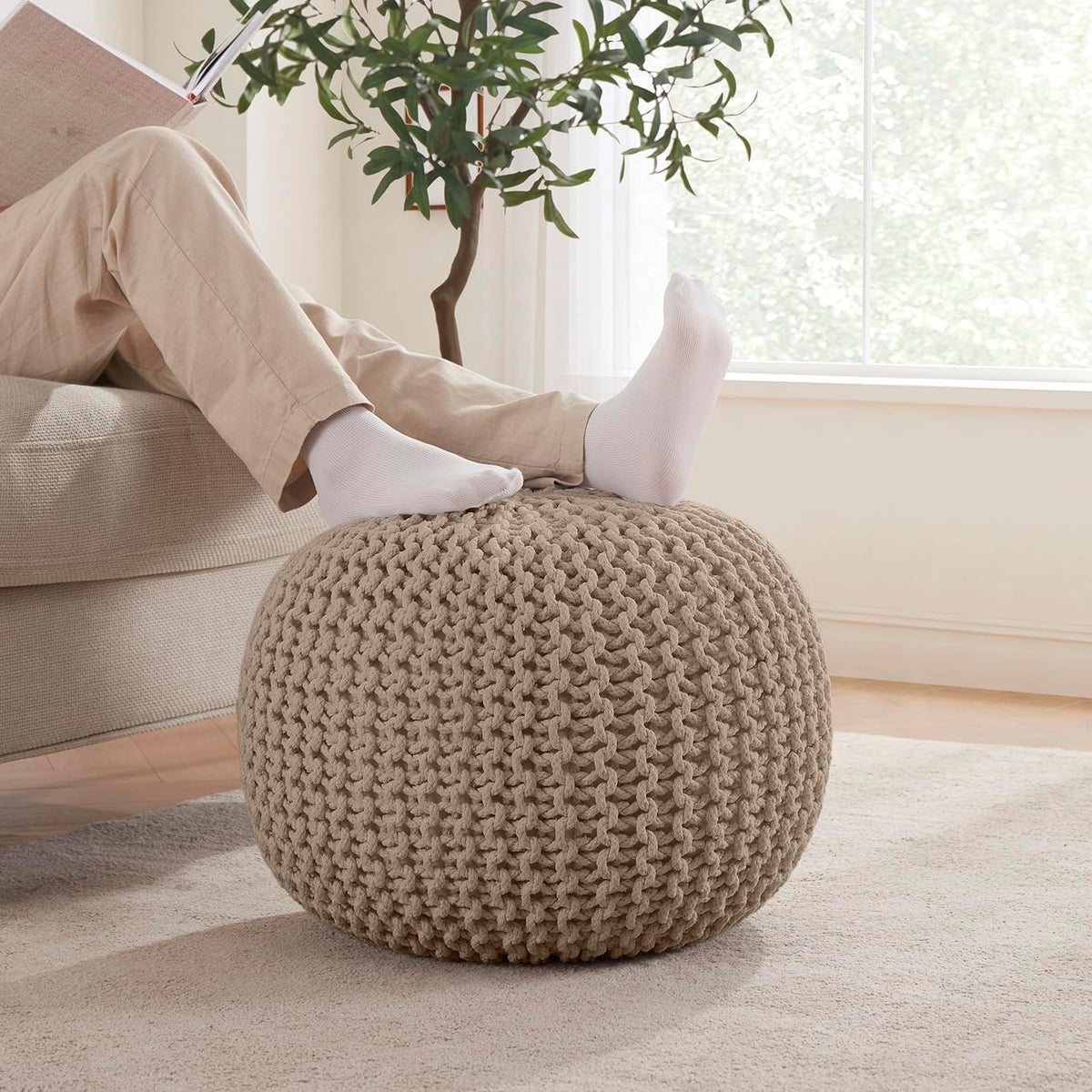 Ornavo Home Pouf Ottoman Foot Rest - 100% Cotton Pouffe - Hand Knitted Cable Braid Cord - Boho
