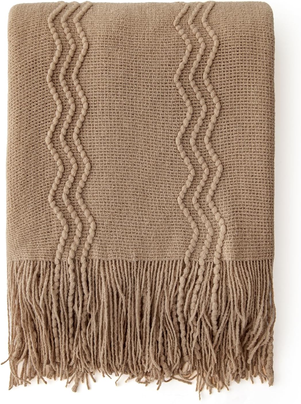 MIULEE Tan Taupe Knitted Throw Blanket for Couch Boho Textured Cozy Woven Blanket with Tassels for