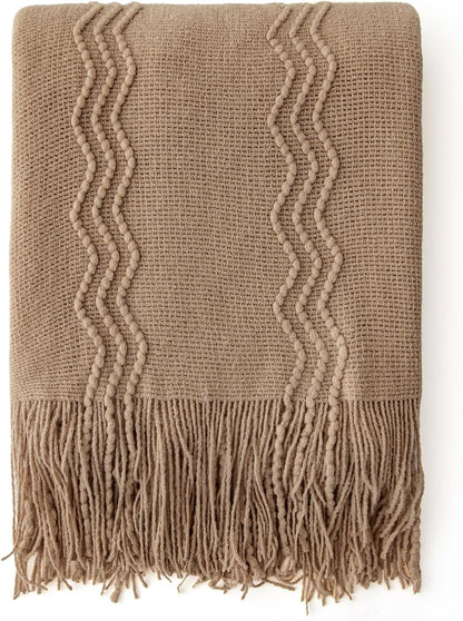 MIULEE Tan Taupe Knitted Throw Blanket for Couch Boho Textured Cozy Woven Blanket with Tassels for