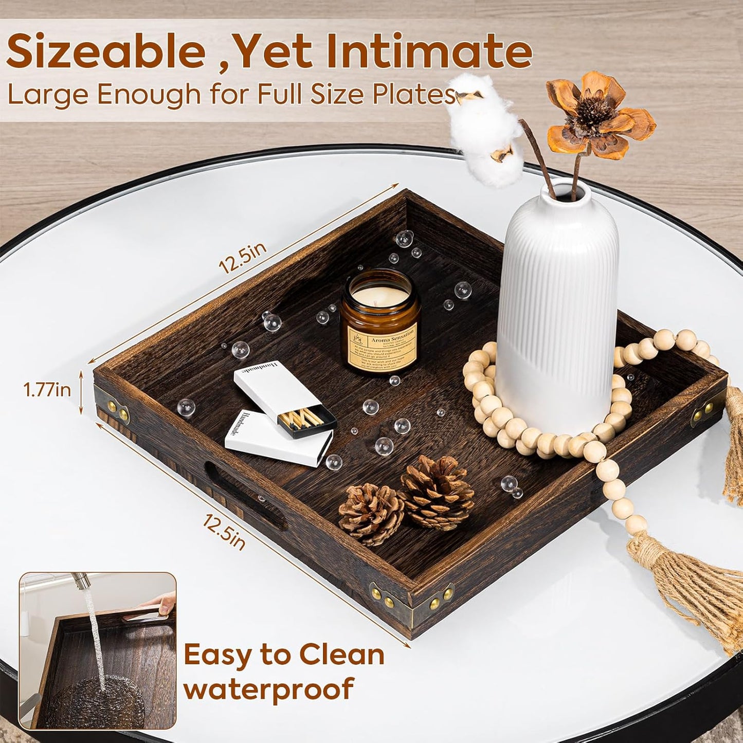 Yangbaga Serving Tray with Handles,12.5"*12.5"Wood Decorative Tray for Living Room,Modern Coffee