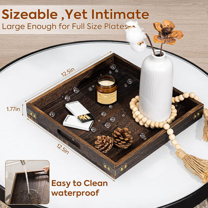 Yangbaga Serving Tray with Handles,12.5"*12.5"Wood Decorative Tray for Living Room,Modern Coffee