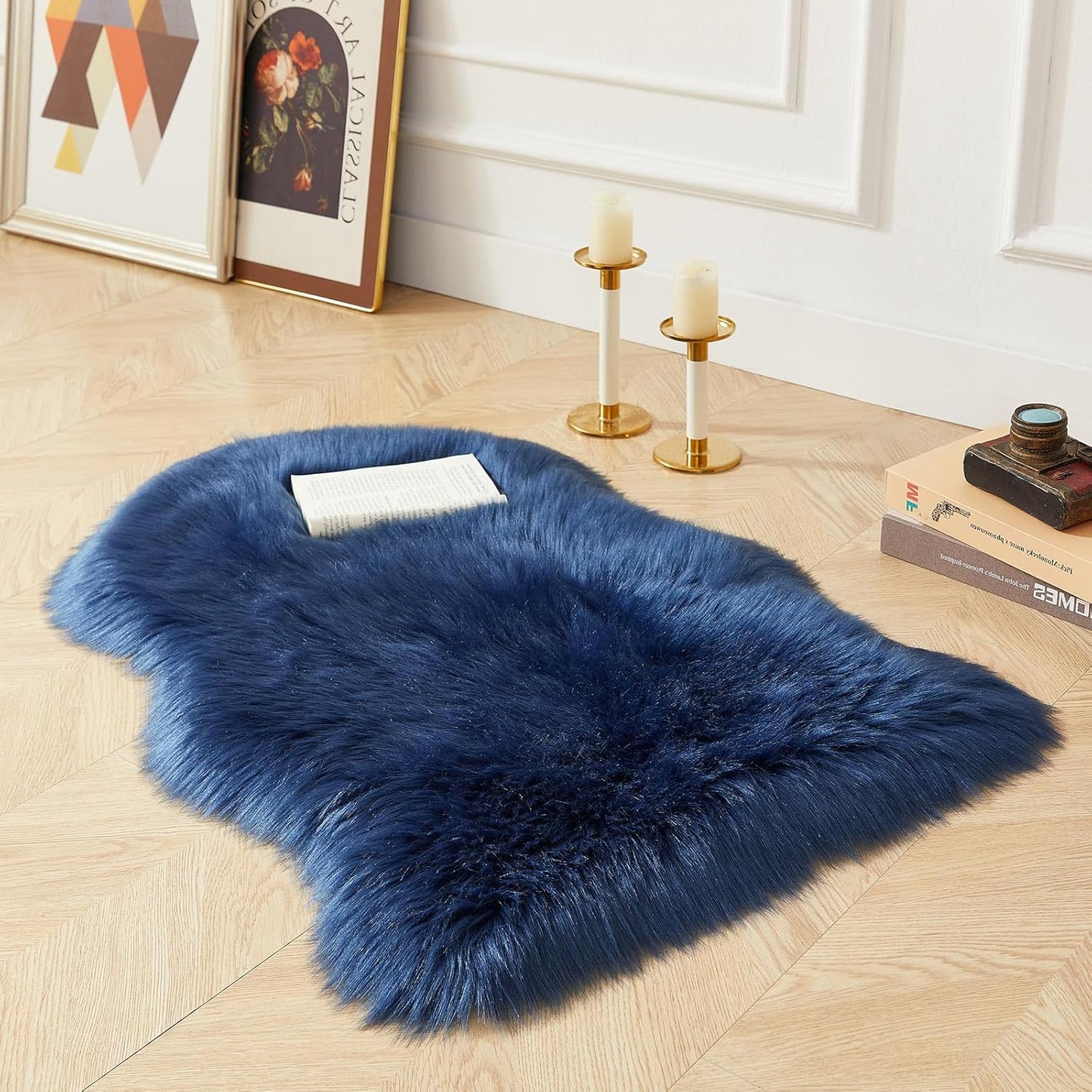 AMTOVO Faux Fur Rug, Dark Blue Small Area Rug, Fluffy Sheepskin Rug, Fuzzy Ultra Soft 2 x 3 ft Shag