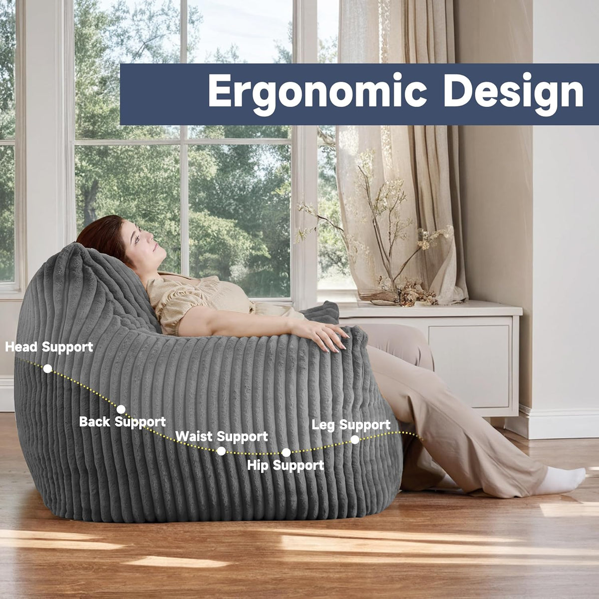 Oversized Bean Bag Chair for Adults, Giant Comfy Plush Boneless Bean Bag Couch with Filler for Kids