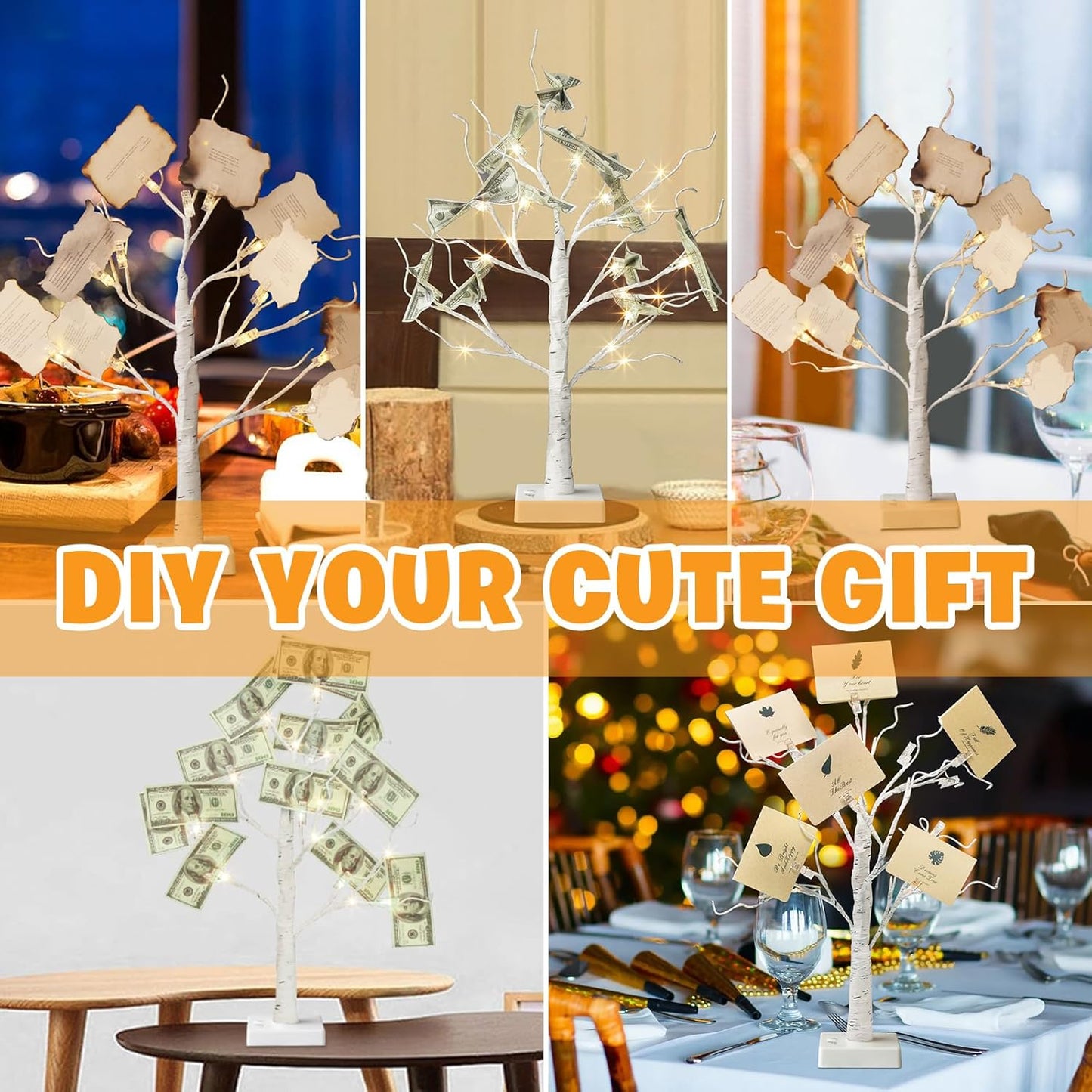 EAMBRITE Money Tree Gift Holder, Gift Card Tree 2FT 24LED, Lighted Birch Trees Battery/USB Powered