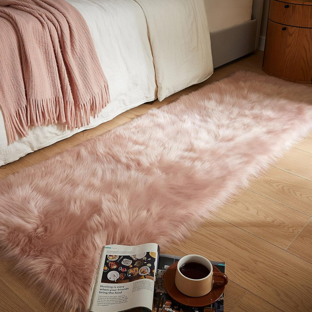 AMTOVO Faux Fur Rug, Pink Ultra Soft Fluffy Shag Sheepskin Rug, 2 x 6 ft Runner Area Rugs for