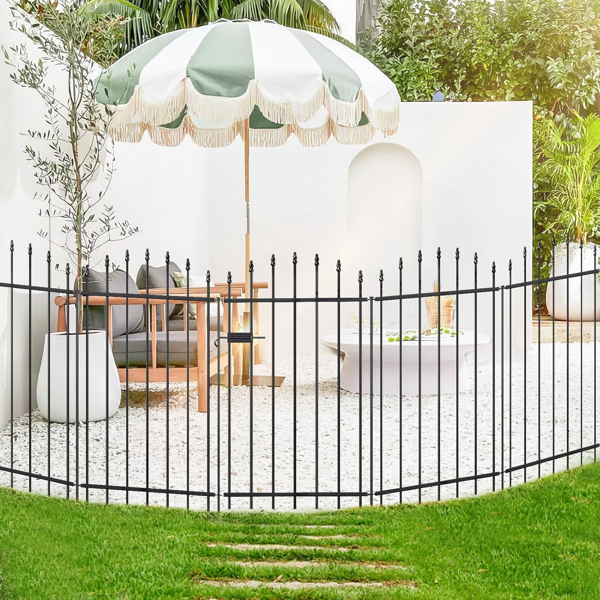 Metal Garden Fence with Gate 42 in H x 12 ft L, 1 Gate + 5 Panels Border Dog Fence Panels Animal