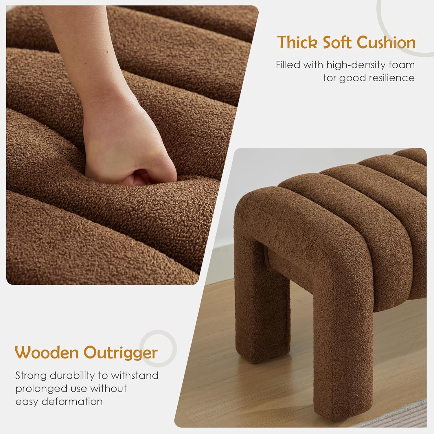 63" Bedroom Bench, Upholstered Entryway Bench, Modern End of Bed Ottoman with Solid Wood Legs and