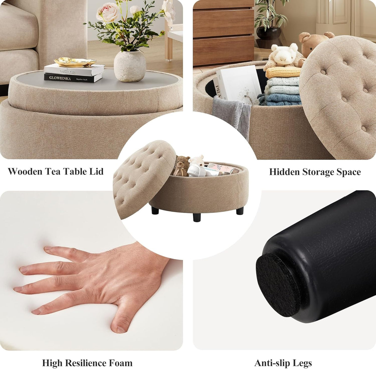 COLAMY Fabric Round Storage Ottoman with Reversible Tray Lid – Multi-Functional Footrest, Hidden