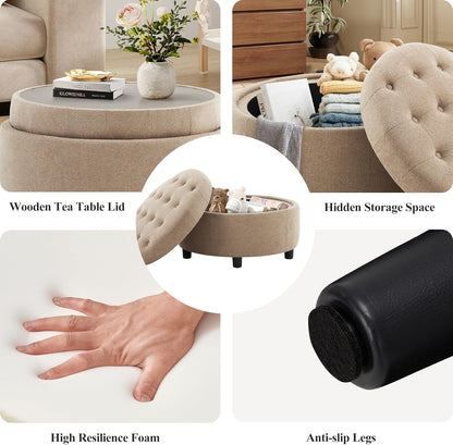 COLAMY Fabric Round Storage Ottoman with Reversible Tray Lid – Multi-Functional Footrest, Hidden