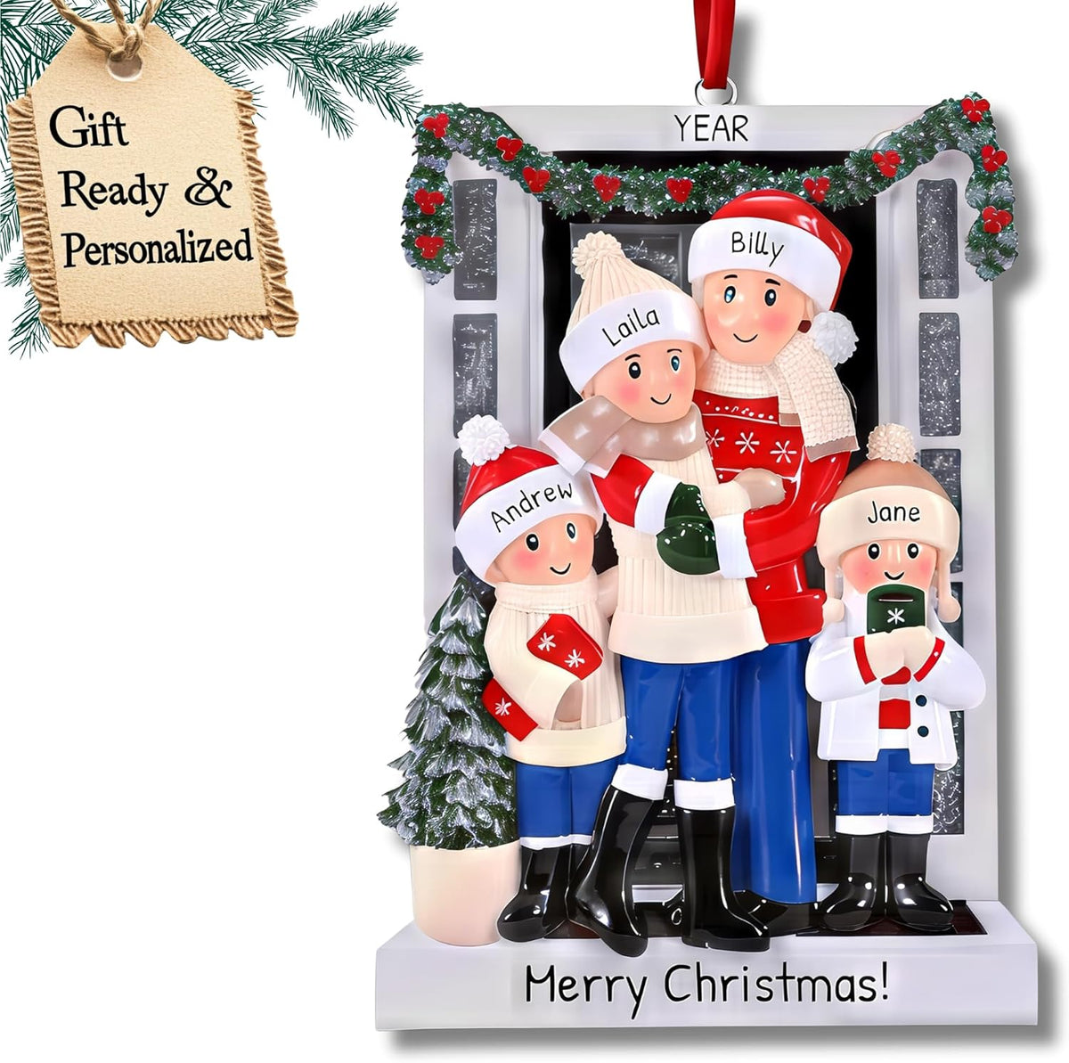 Personalized Family Christmas Ornaments 2025 | Custom Name & Year | 4 Person Cozy Winter Scene with