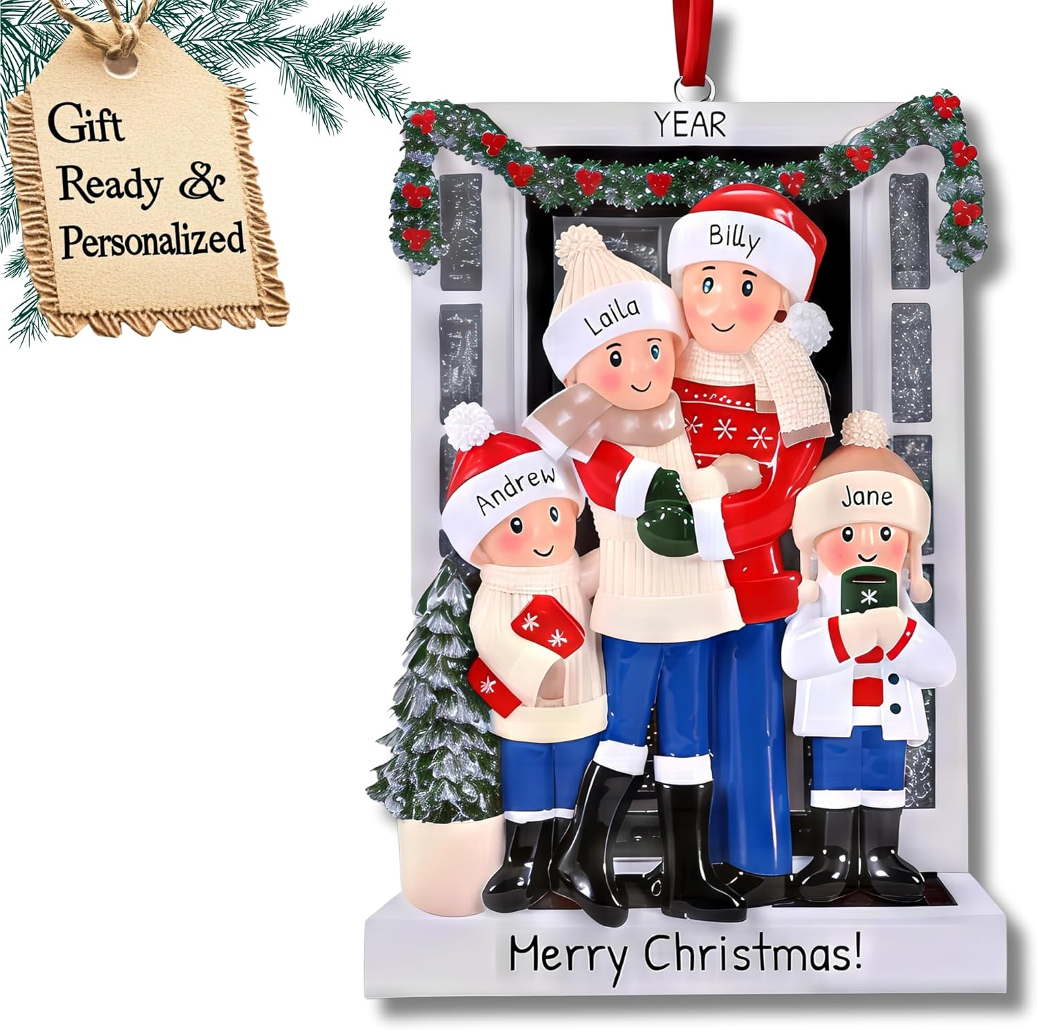 Personalized Family Christmas Ornaments 2025 | Custom Name & Year | 4 Person Cozy Winter Scene with