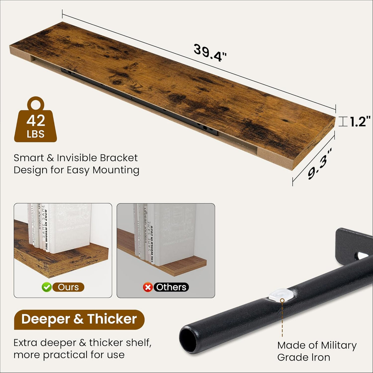 Fun Memories 40" Rustic Wood Floating Shelves with Invisible Brackets for Storage & Decor, Deep