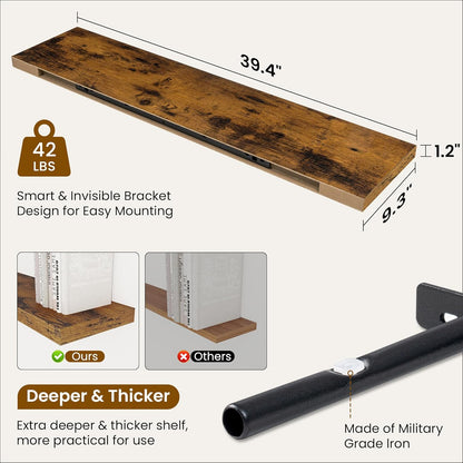 Fun Memories 40" Rustic Wood Floating Shelves with Invisible Brackets for Storage & Decor, Deep