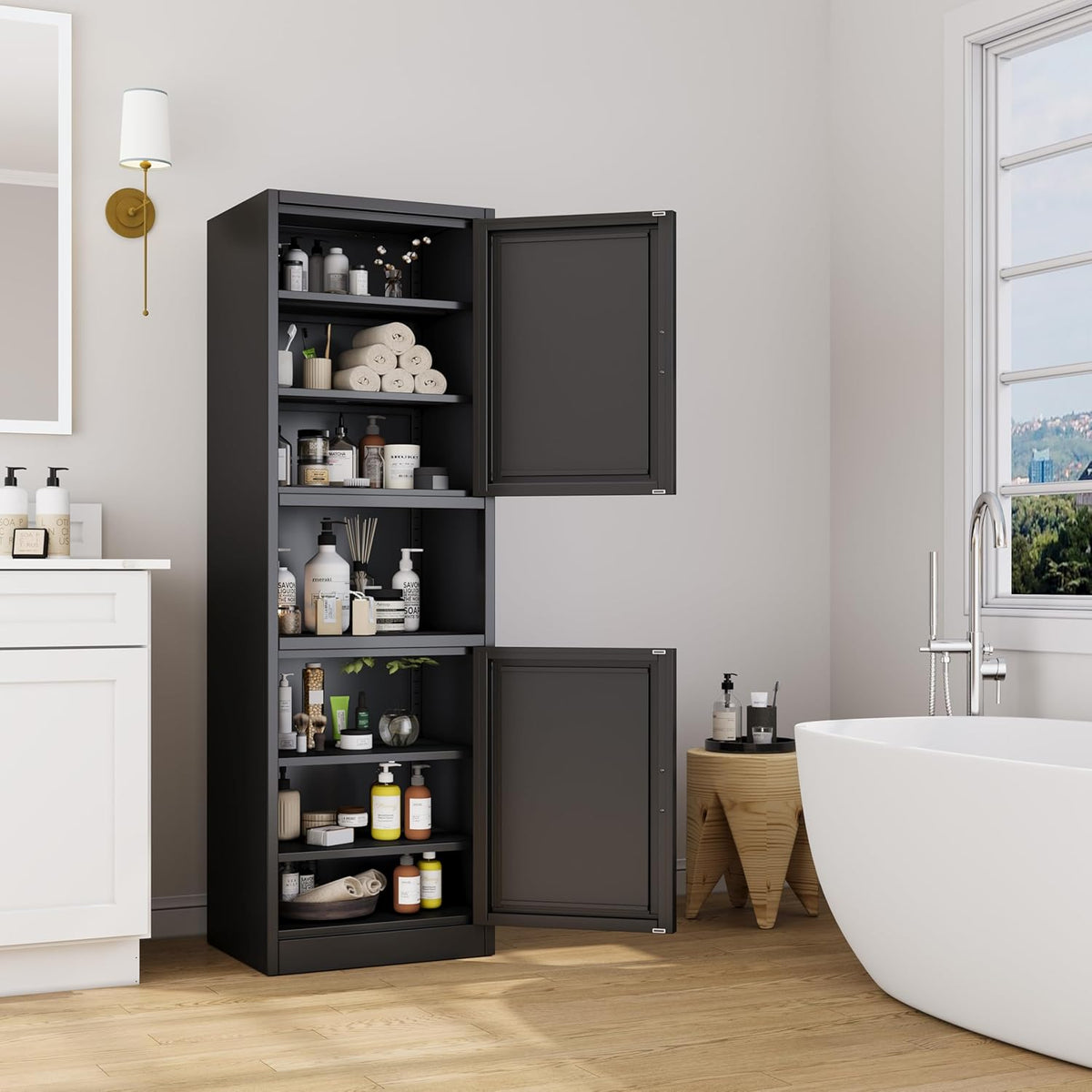 Tall Narrow Storage Cabinet 66.93" H Tall Bathroom Cabinet Metal Pantry Cabinets, 4 Adjustable