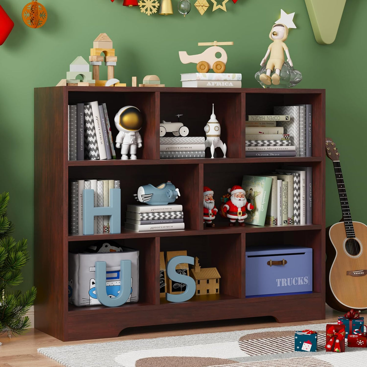 Book Shelf, 8 Cubes Storage Organizer, 3-Tier Open Shelf Wooden Bookcase, Freestanding Cherry