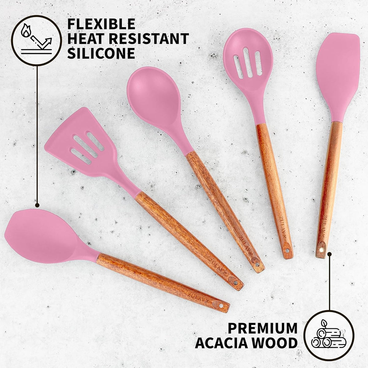 Zulay Kitchen Non-Stick Cooking Utensils Set with Authentic Acacia Wood Handles – 5-Piece Durable &