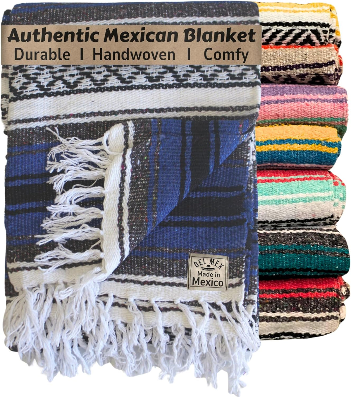 Del Mex Classic Mexican Blanket, Large Authentic Woven Falsa Throw (70"x50"), Artisan Southwest
