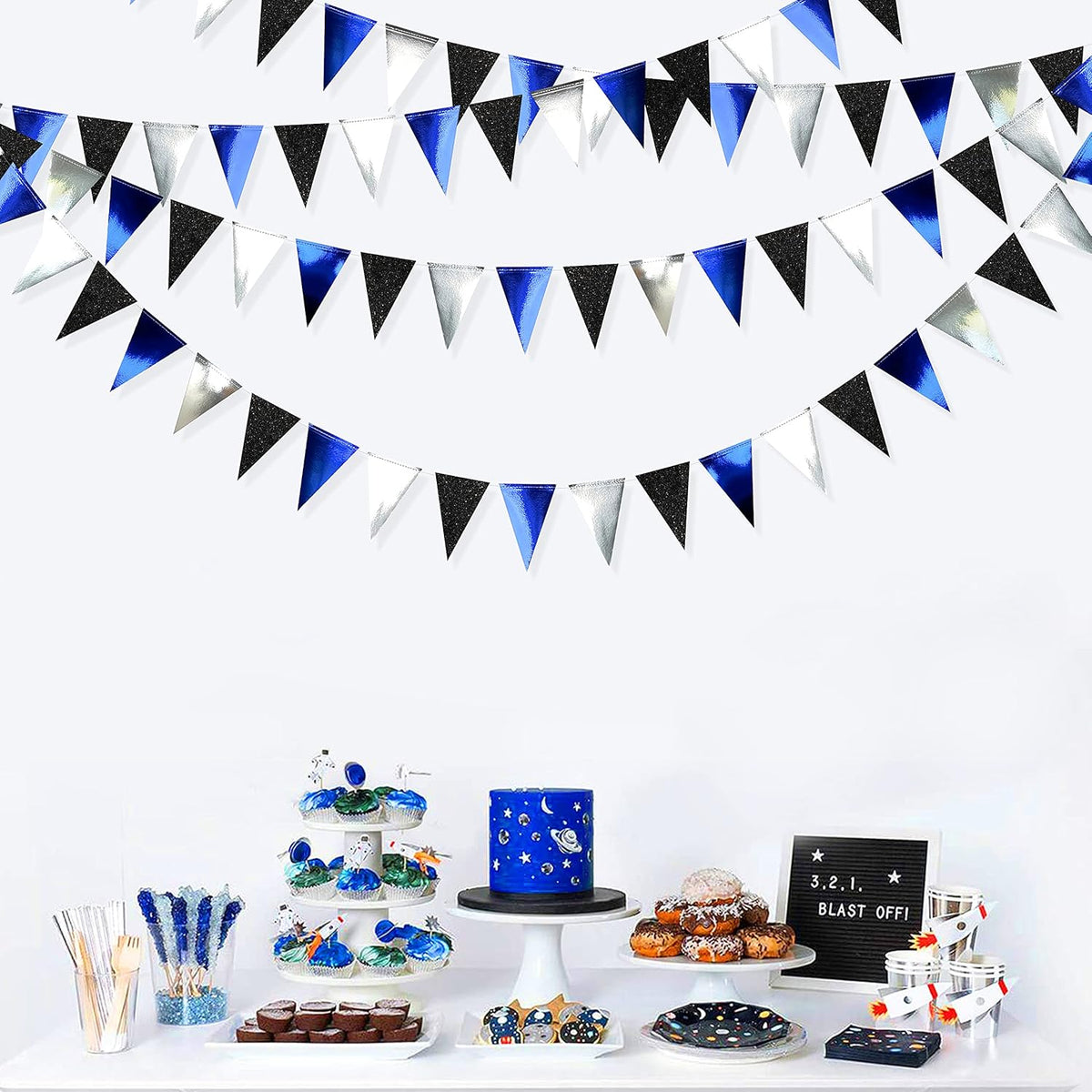 30Ft Navy Blue Black and Silver Party Decorations Royal Blue Triangle Flag Pennant Banner Bunting