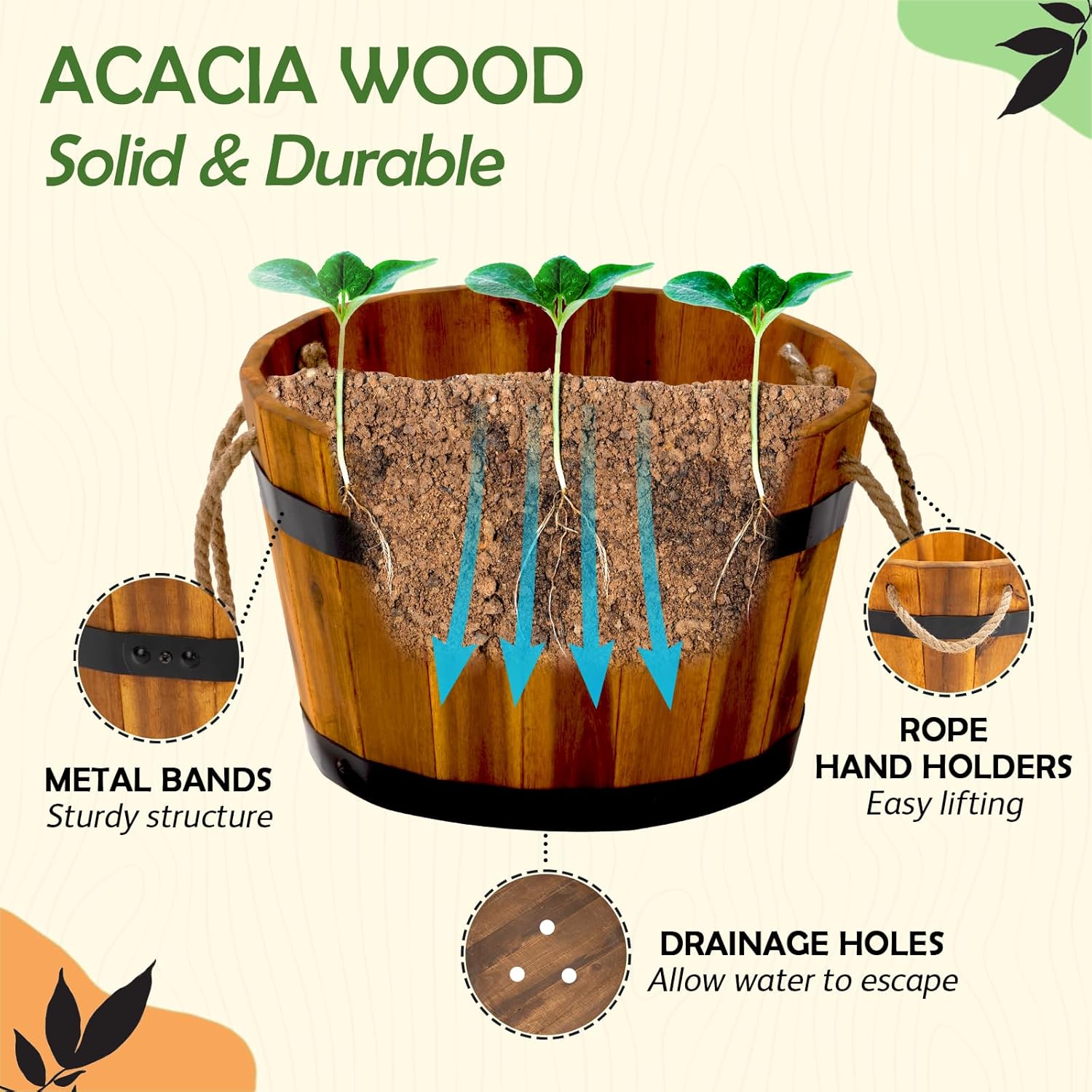 IDZO Set of 3 Wooden Flower Boxes Outdoor, Durable Acacia Wood Barrel Planters for Outdoor Plants