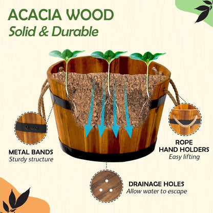 IDZO Set of 3 Wooden Flower Boxes Outdoor, Durable Acacia Wood Barrel Planters for Outdoor Plants