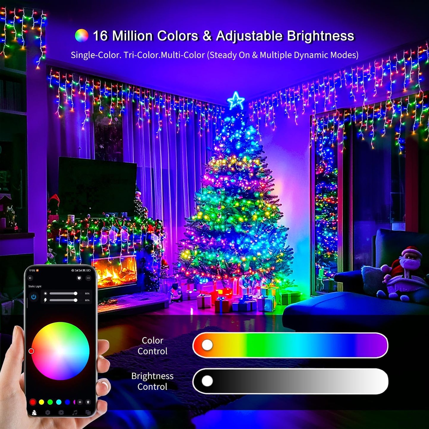 JMEXSUSS 400 LED RGB Icicle Lights - Color Changing, Plug-in for Indoor/Outdoor Christmas