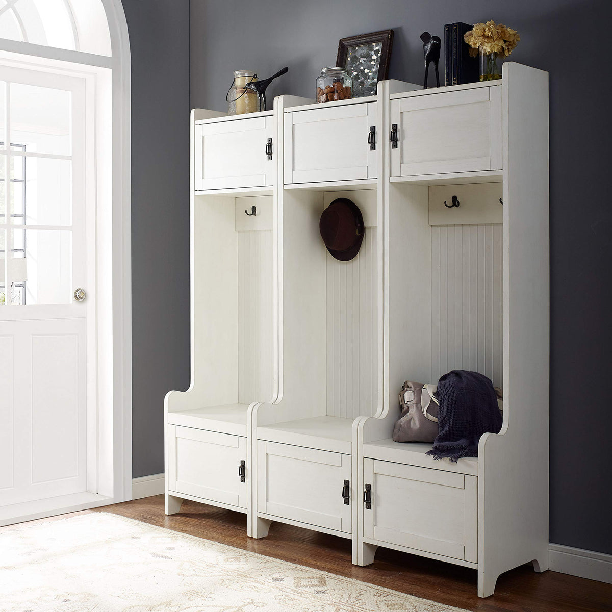 Crosley Furniture Fremont 3-Piece Hall Tree Entryway Set with Storage Cabinets and Coat Rack Hooks