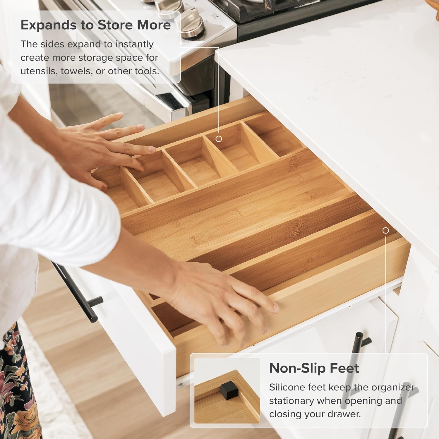 Adjustable Kitchen Drawer Organizer for Utensils and Junk, Food-Safe Contract Grade with 100%