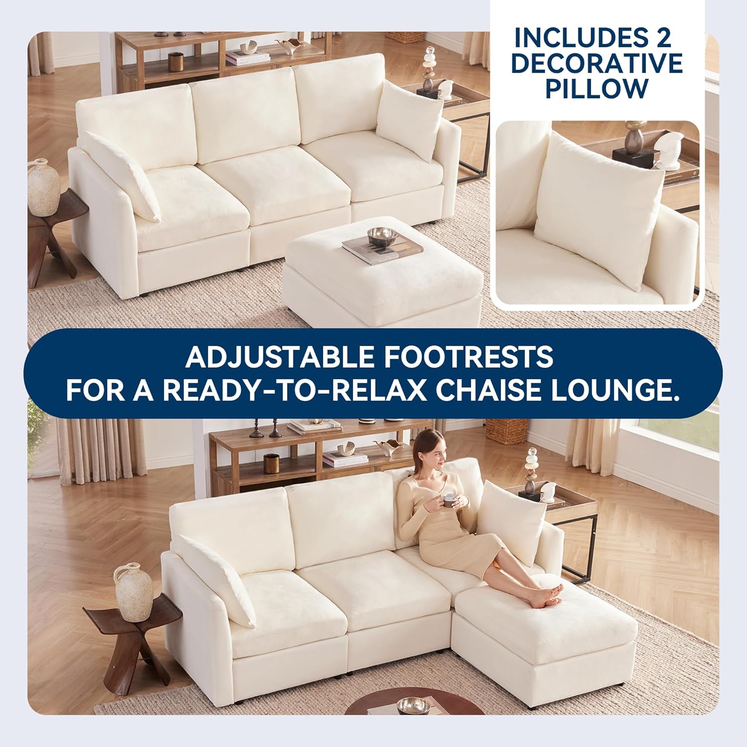 Tbfit 85" Convertible L Shaped Couch, Sectional Sofa for Living Room,Chenille Cloud Couch with