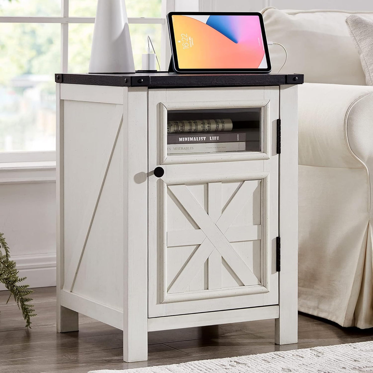 JXQTLINGMU Farmhouse End Table with Charging Station, 18'' Rustic Nightstand with Barn Door &