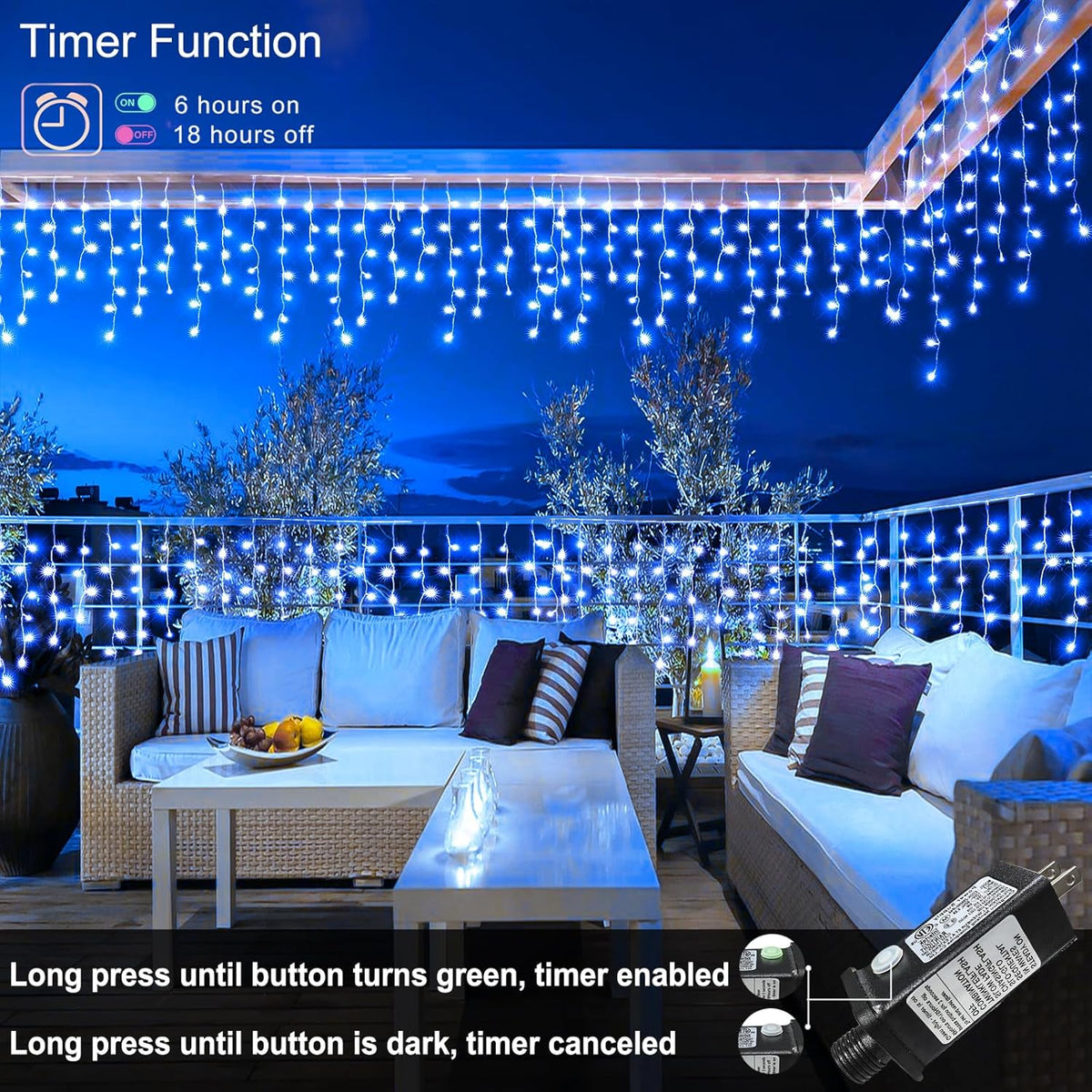 33ft 400LED Icicle Lights for Outside, Blue Christmas Lights for House Patio Yard Porch Backyard