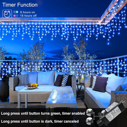 33ft 400LED Icicle Lights for Outside, Blue Christmas Lights for House Patio Yard Porch Backyard