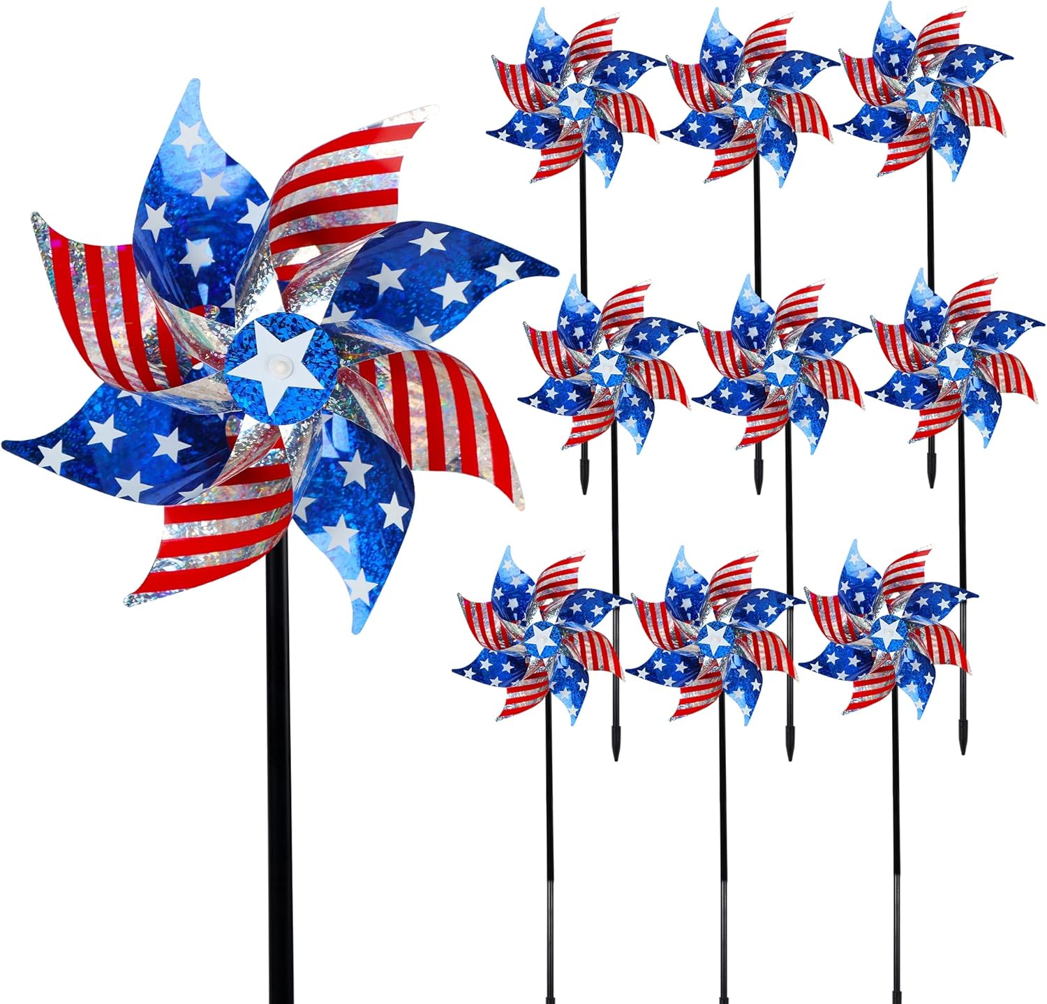 Hausse 10 Pack Reflective Pinwheels Patriotic Decorations, American Flag on Stick Wind Spinner with
