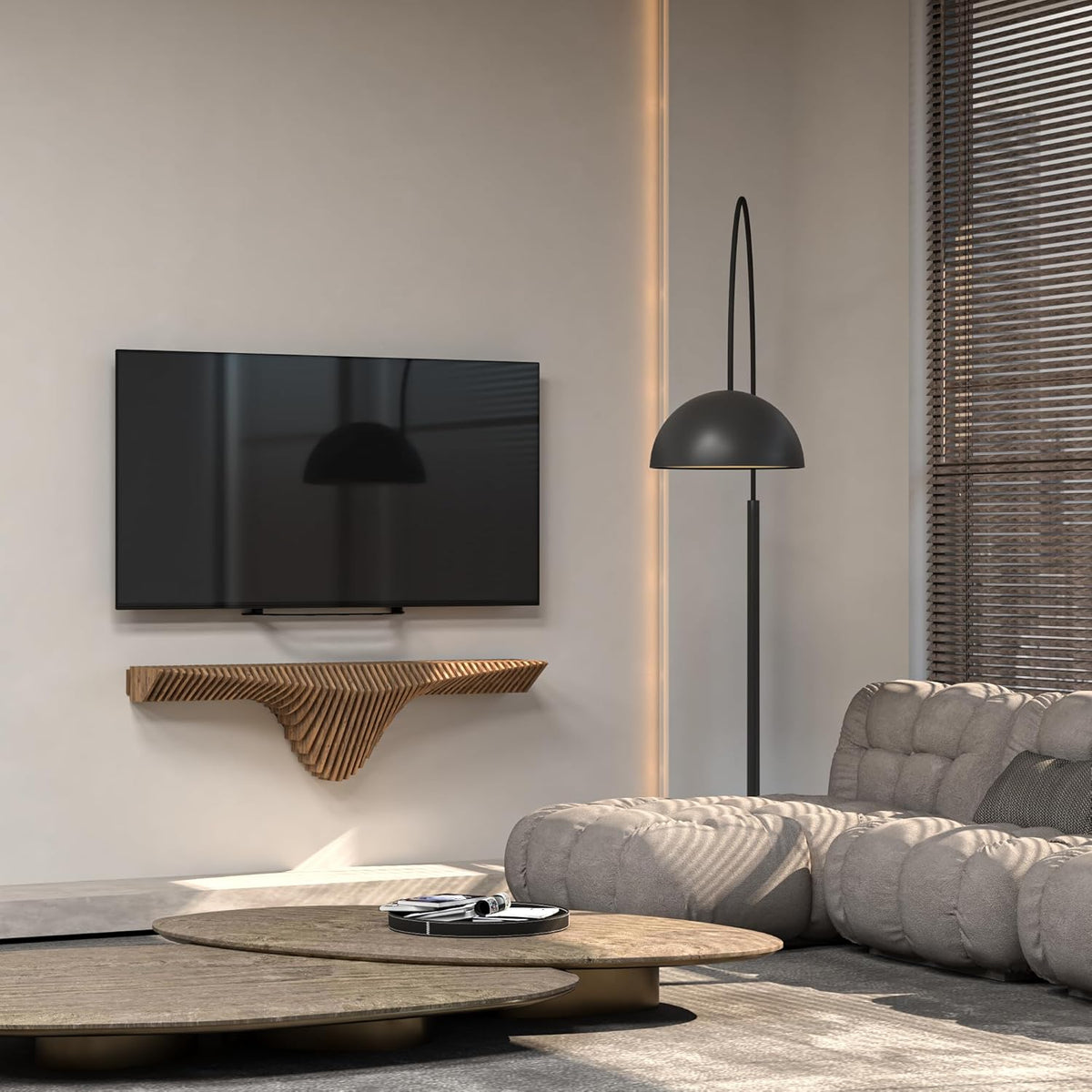 Parametric 50 inch Floating Shelf TV Unit Modern Geometric Wooden Wall Piece Decor Natural Oak