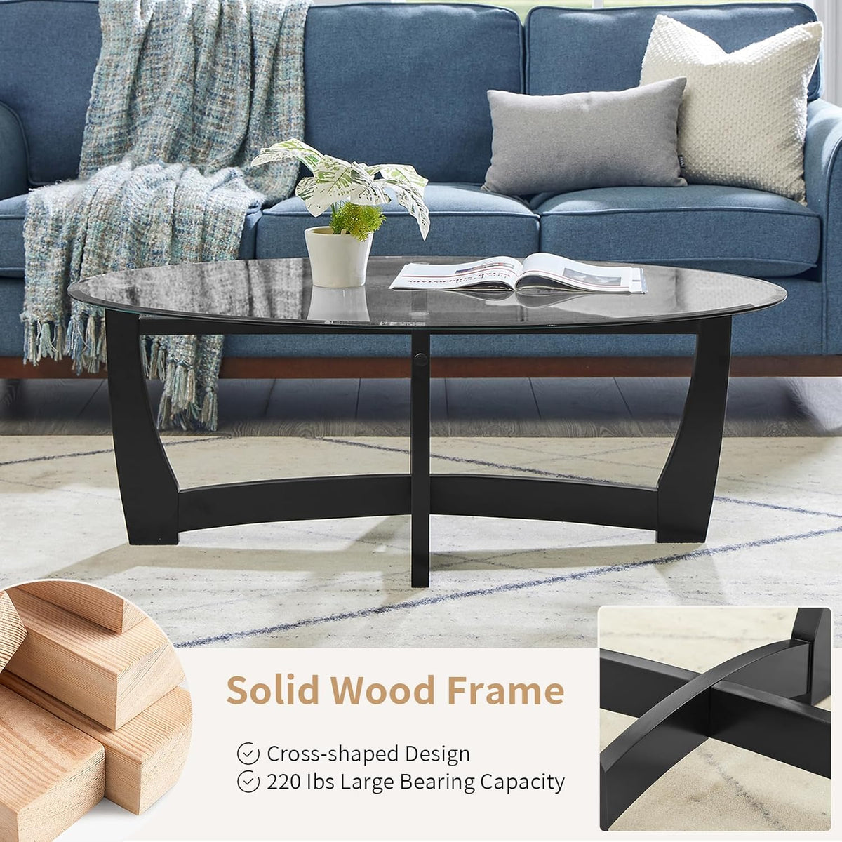 48" Oval Glass Coffee Table with Black Tempered Glass Top Cross and Solid Wood Base Simple & Modern