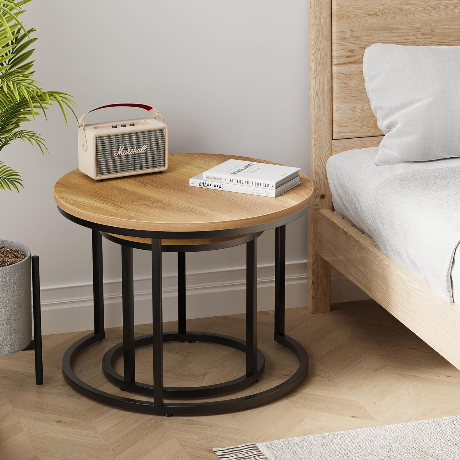 Smuxee Nesting Coffee Table Set of 2, 23.6" Round Coffee Table Brown Wood with Adjustable Non-Slip