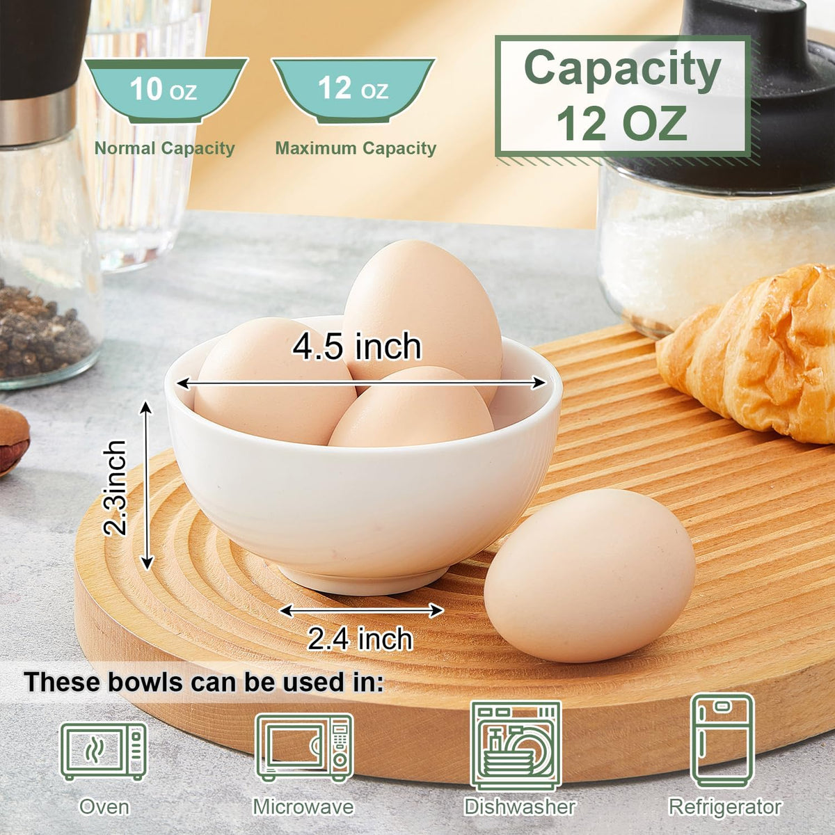 White 4.5in Small Ceramic Bowls, 12 OZ Cereal Bowls Set of 6 for Dessert, Rice, Jello, Pudding