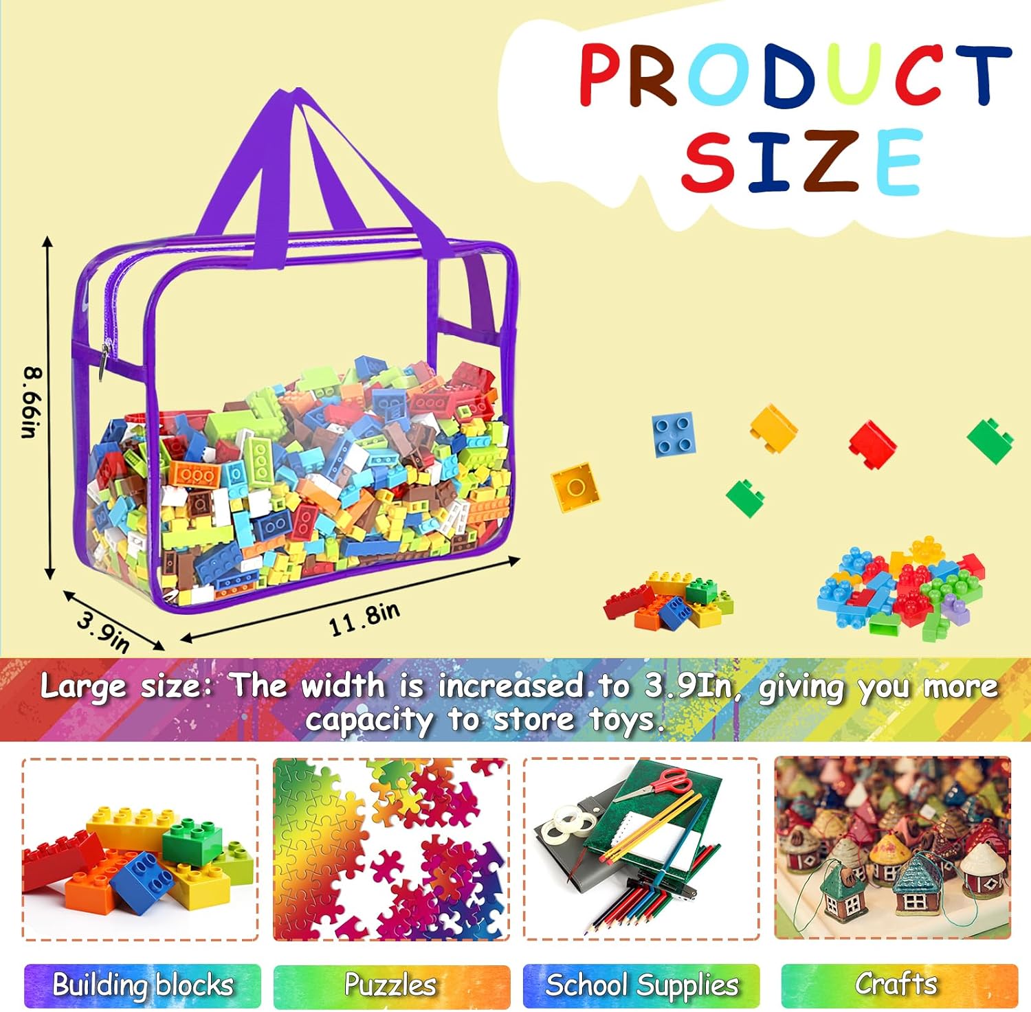 OPELETNNT 6 Color Large Toy Storage Bags with Labels, Reusable Clear PVC Board Game Storage, Travel