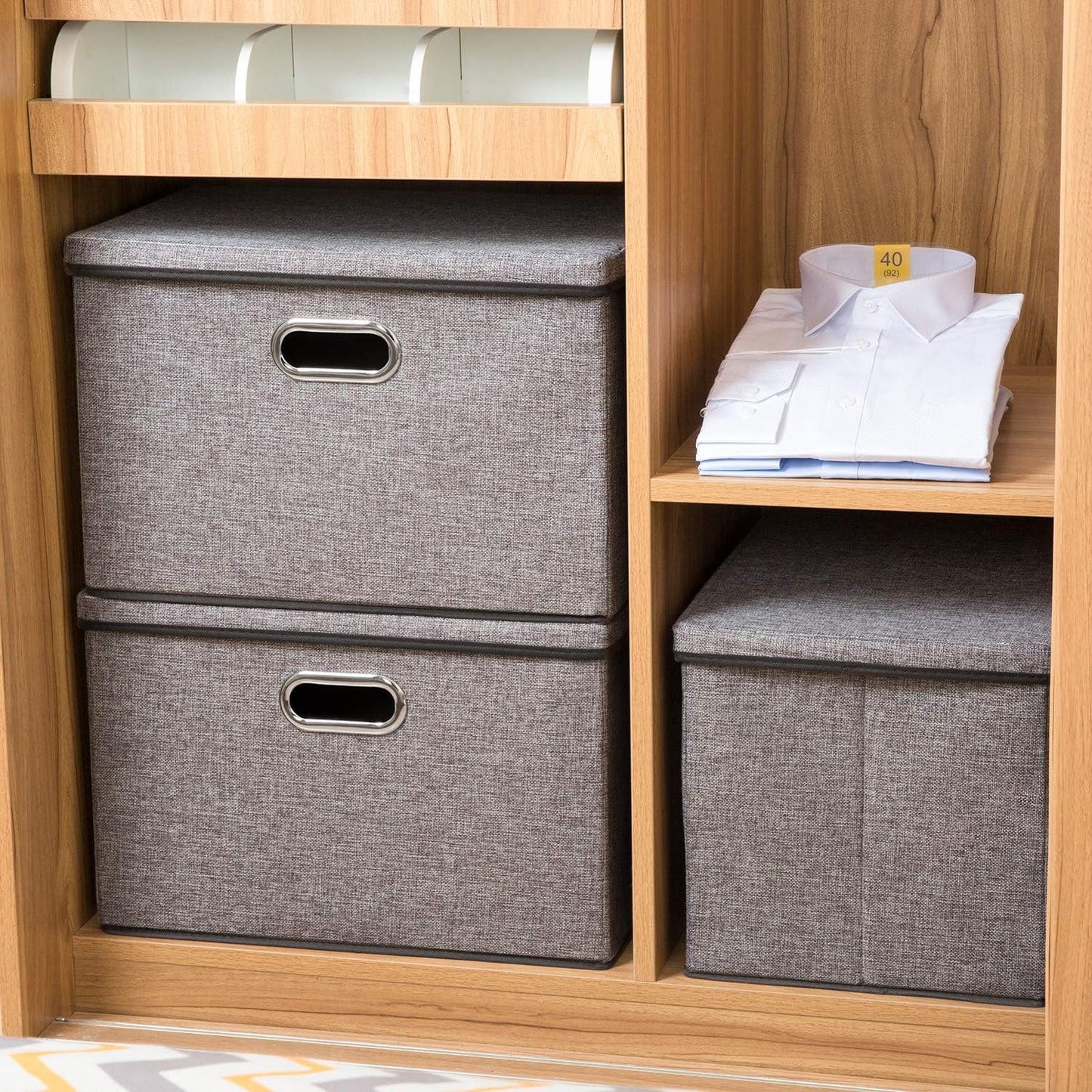 PRANDOM Large Collapsible Storage Bins with Lids [3-Pack] Linen Fabric Foldable Storage Boxes
