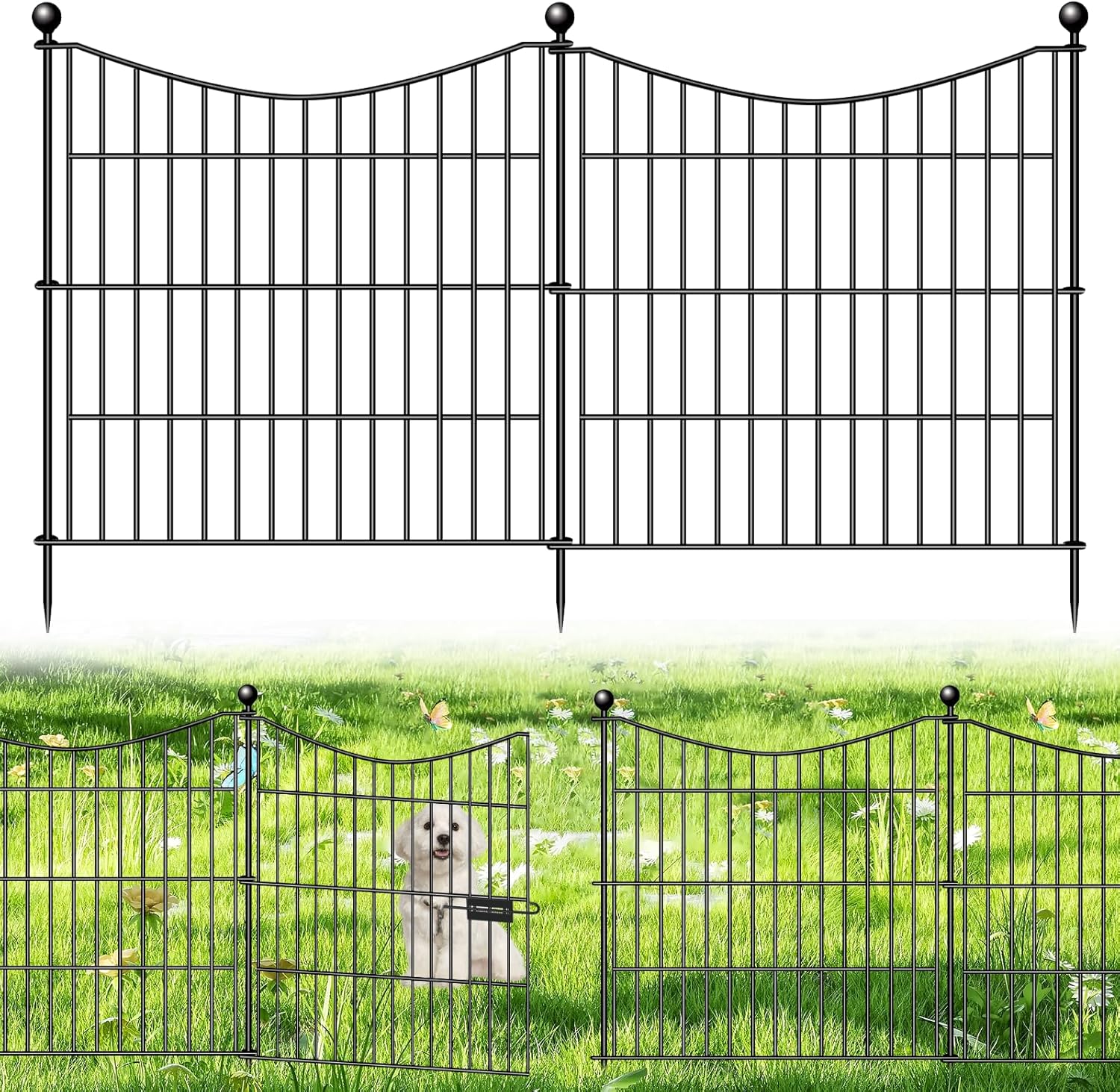10 Panels Decorative Garden Fence with Gate, 24 in(H) X 20 ft(L) No Dig Dog Fence Animal Barrier