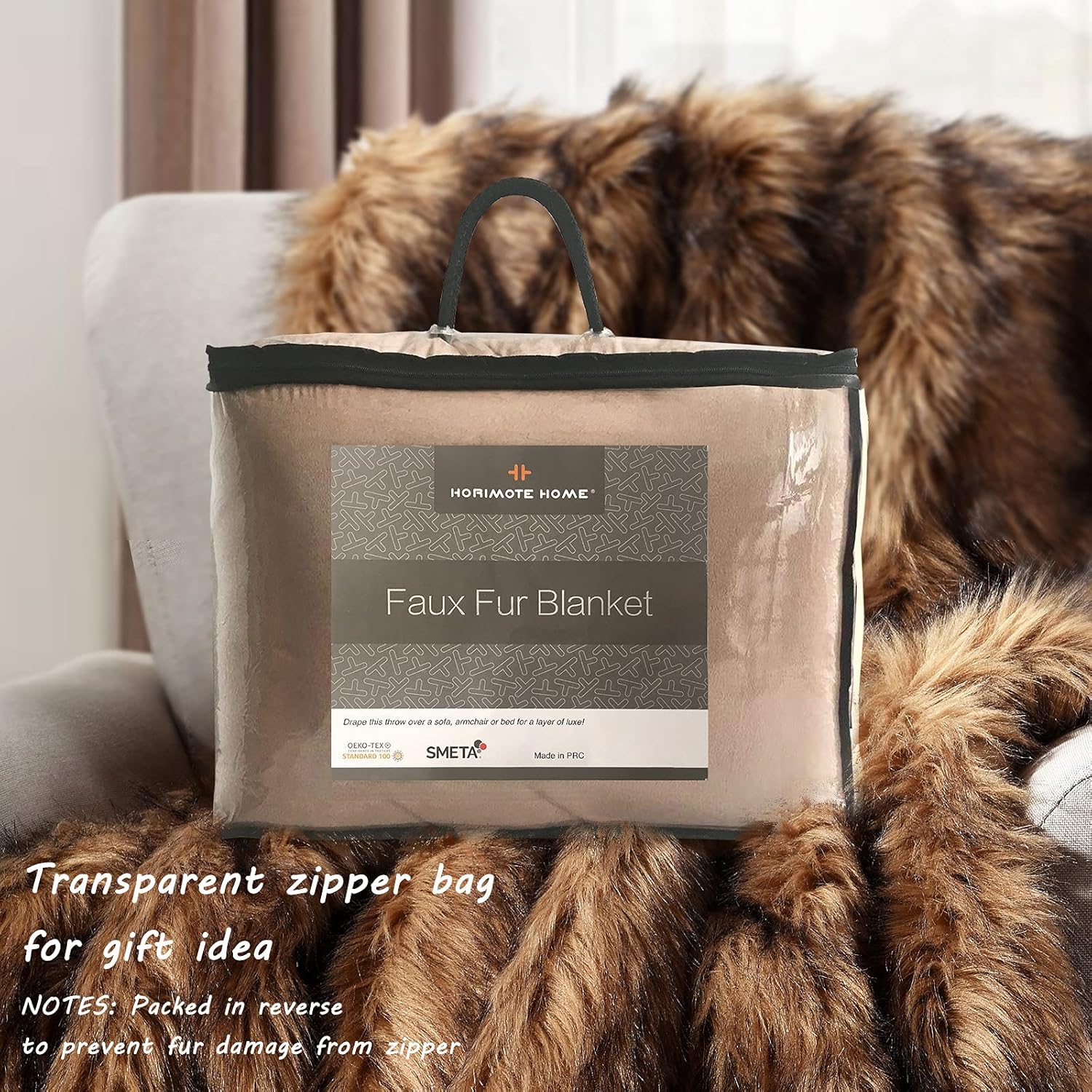 Luxury Plush Faux Fur Throw Blanket, Long Pile Brown with Black Tipped Blanket, Super Warm, Fuzzy