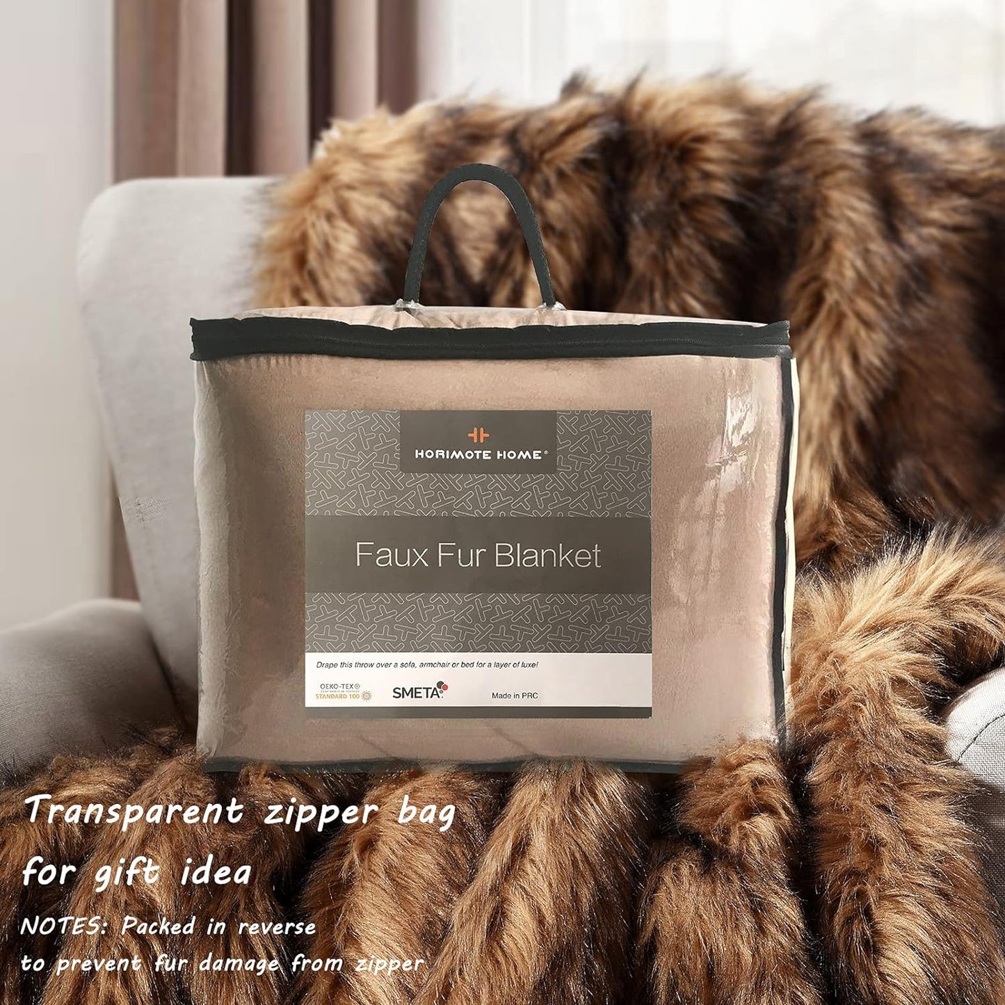 Luxury Plush Faux Fur Throw Blanket, Long Pile Brown with Black Tipped Blanket, Super Warm, Fuzzy