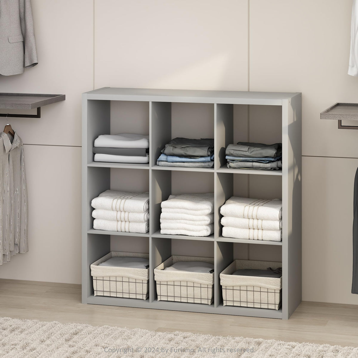 Furinno Cubic Extra Thick 9-Cube Closet Organizers and Storage, Light Grey