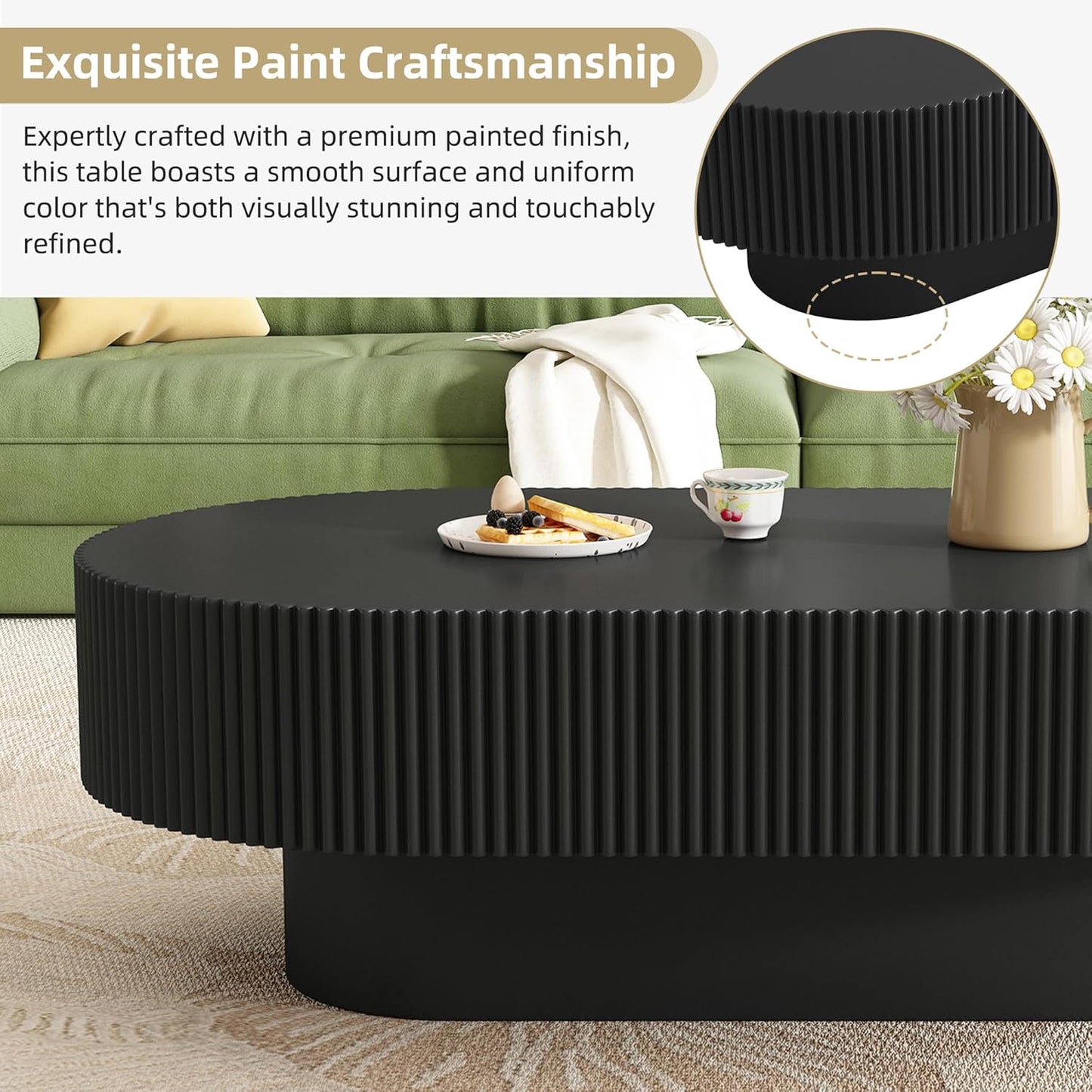 43.3" Oval Fluted Coffee Table Modern Elegant Drum End Table, Minimalist Center Table 7.8" Thick