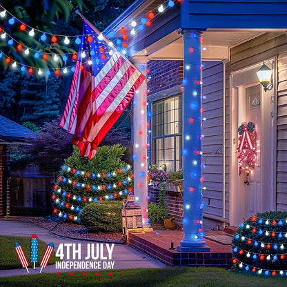 JMEXSUSS Connectable Red White and Blue Lights Indoor Outdoor, 100 LED 33ft 4th of July Decorations
