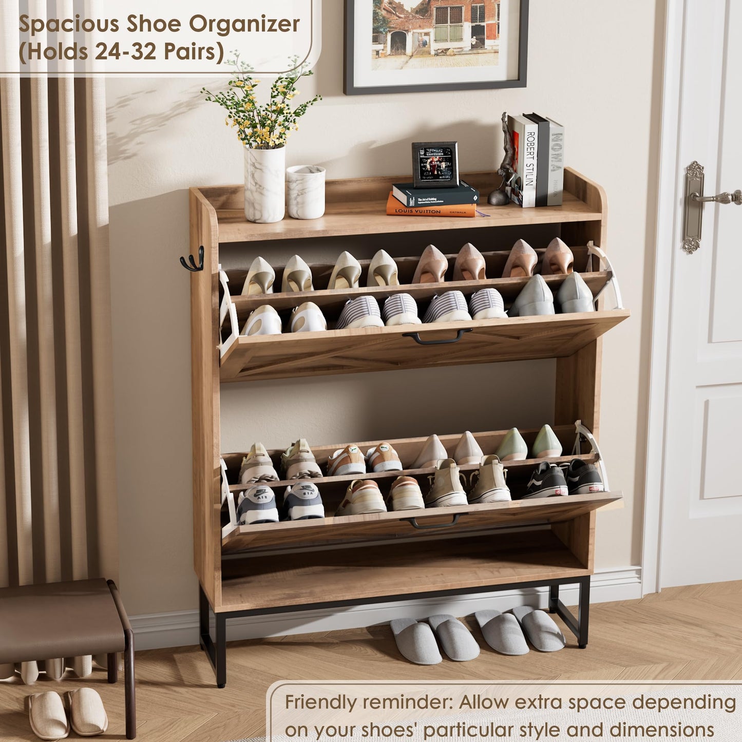 Nicetree Shoe Storage Cabinet with 2 Flip Drawers, Entryway Organizer, Oak