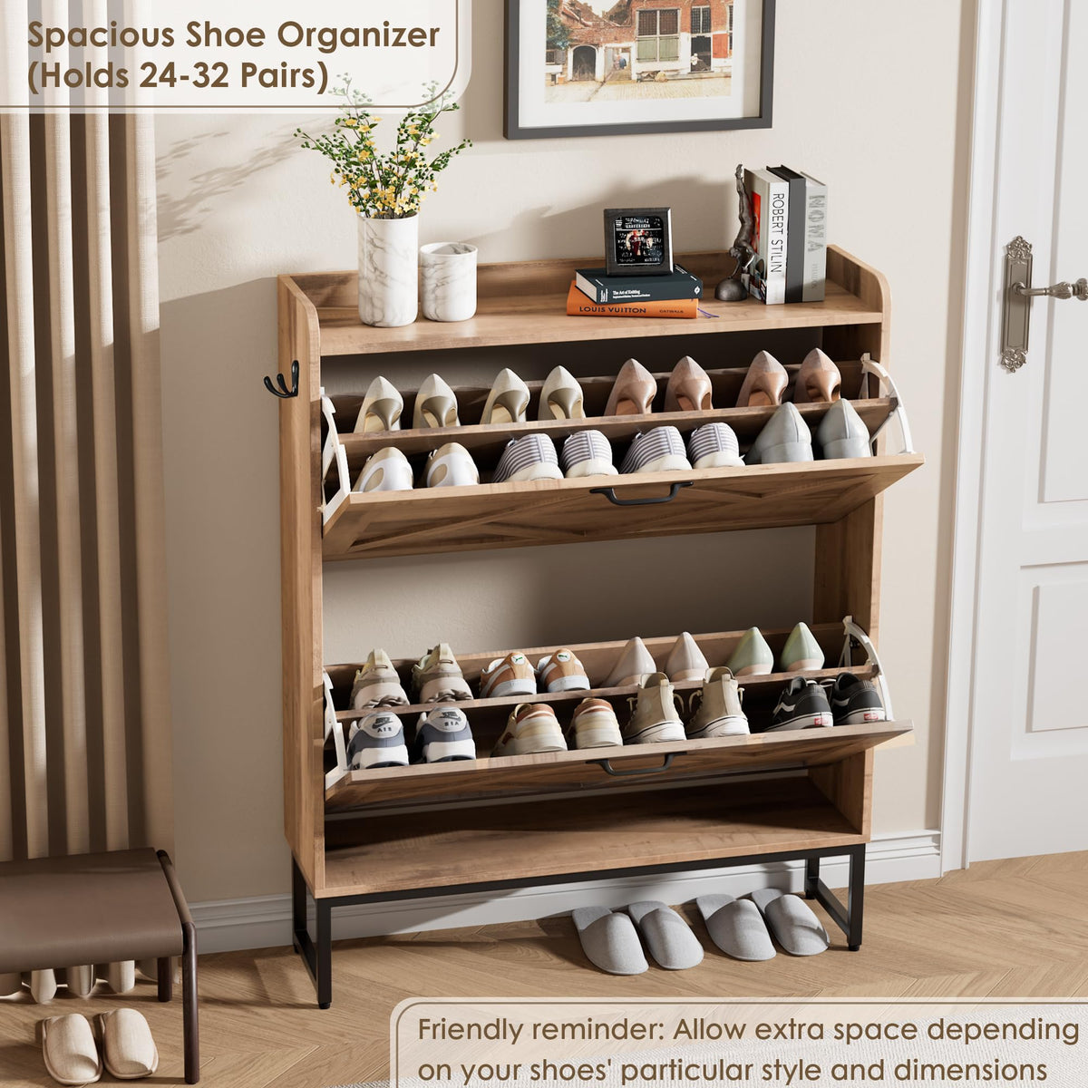 Nicetree Shoe Storage Cabinet with 2 Flip Drawers, Entryway Organizer, Oak